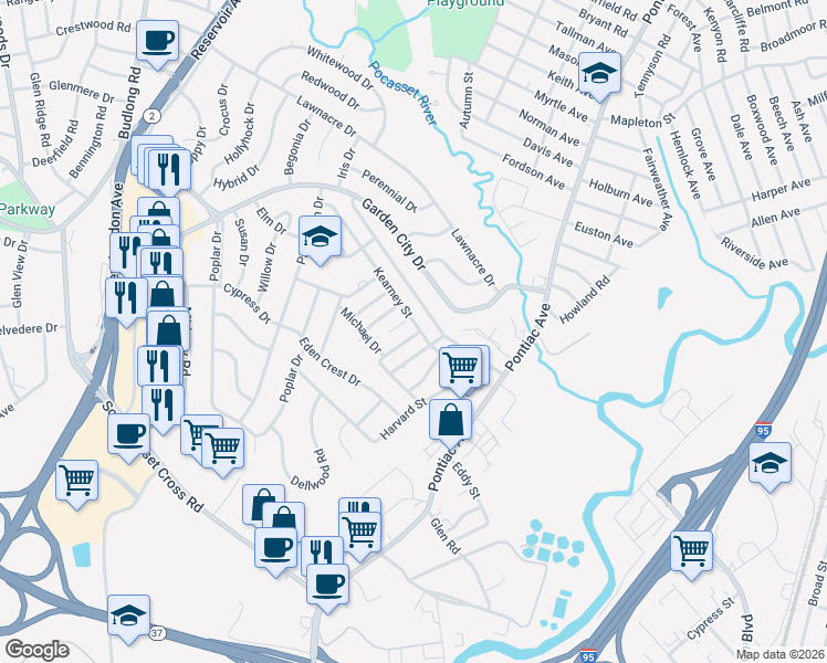 map of restaurants, bars, coffee shops, grocery stores, and more near 106 Kearney Street in Cranston