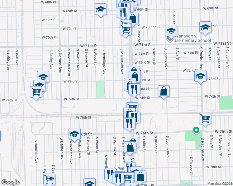 map of restaurants, bars, coffee shops, grocery stores, and more near 7343 South Paulina Street in Chicago