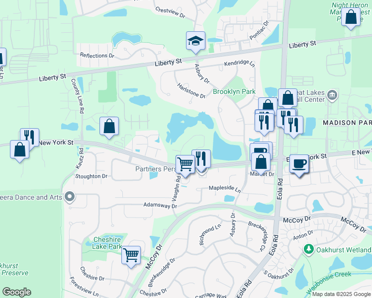 map of restaurants, bars, coffee shops, grocery stores, and more near 377 Vaughn Circle in Aurora