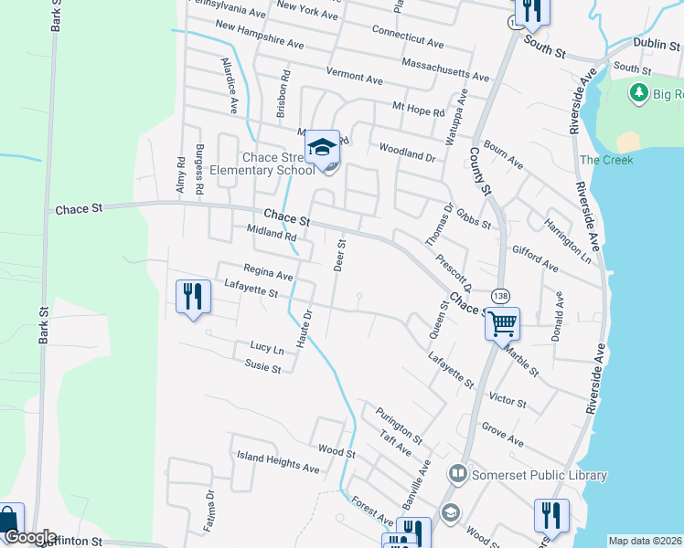 map of restaurants, bars, coffee shops, grocery stores, and more near 82 Deer Street in Somerset