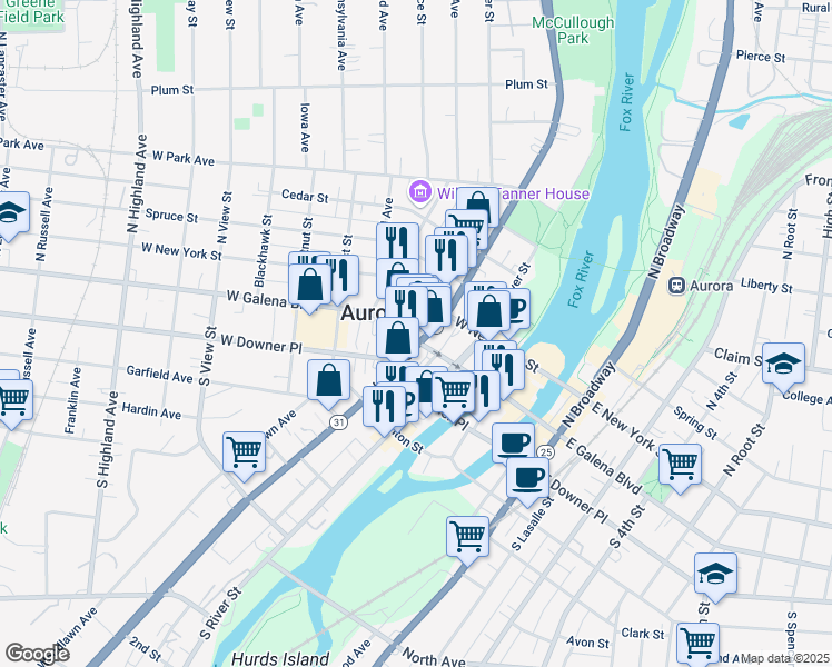 map of restaurants, bars, coffee shops, grocery stores, and more near 205 West Galena Boulevard in Aurora