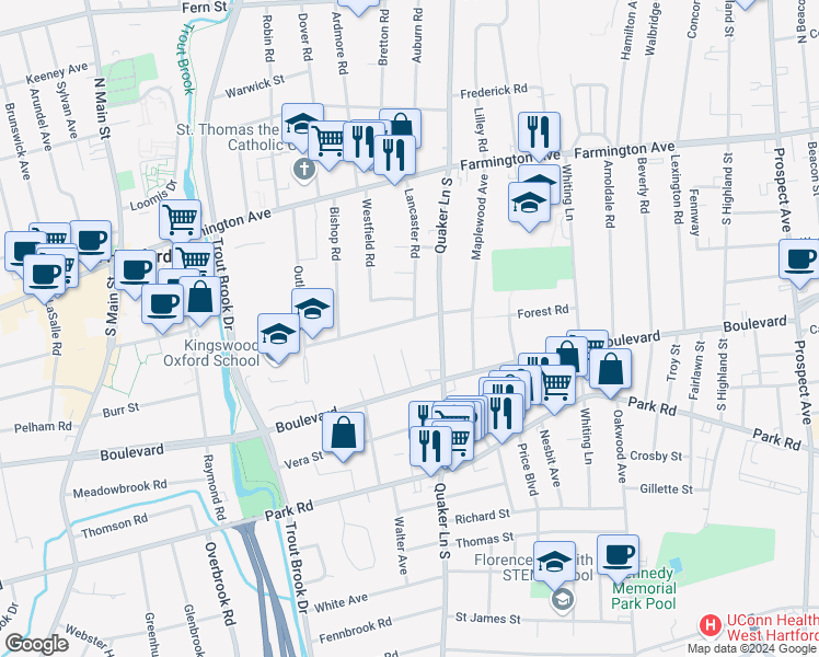map of restaurants, bars, coffee shops, grocery stores, and more near 29 Kingswood Road in West Hartford