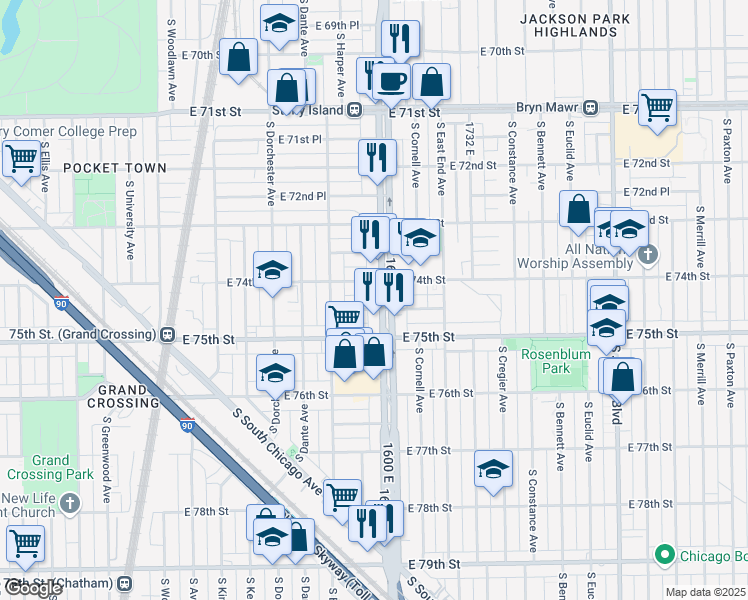 map of restaurants, bars, coffee shops, grocery stores, and more near 7418 South Stony Island Avenue in Chicago