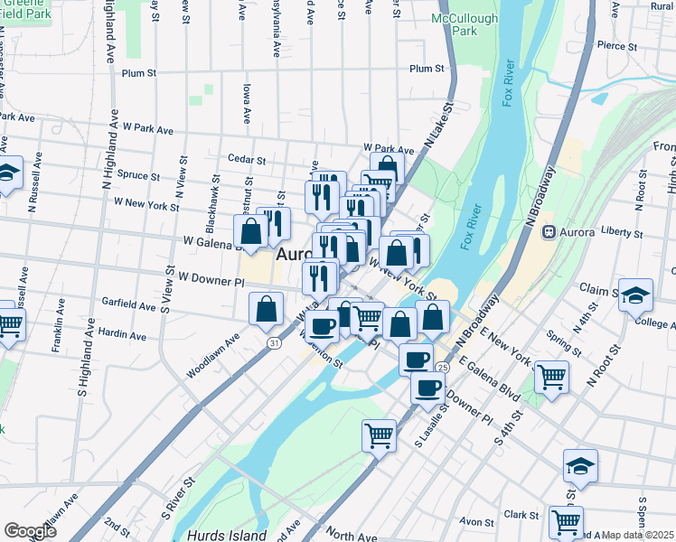 map of restaurants, bars, coffee shops, grocery stores, and more near 205 West Galena Boulevard in Aurora