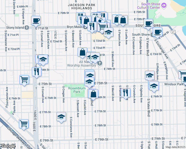 map of restaurants, bars, coffee shops, grocery stores, and more near 7421 South Jeffery Boulevard in Chicago