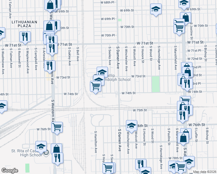 map of restaurants, bars, coffee shops, grocery stores, and more near 7338 South Seeley Avenue in Chicago