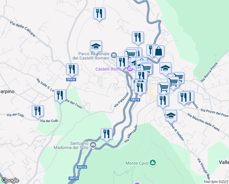 map of restaurants, bars, coffee shops, grocery stores, and more near 61 Via Borgo Valle Vergine in Rocca di Papa