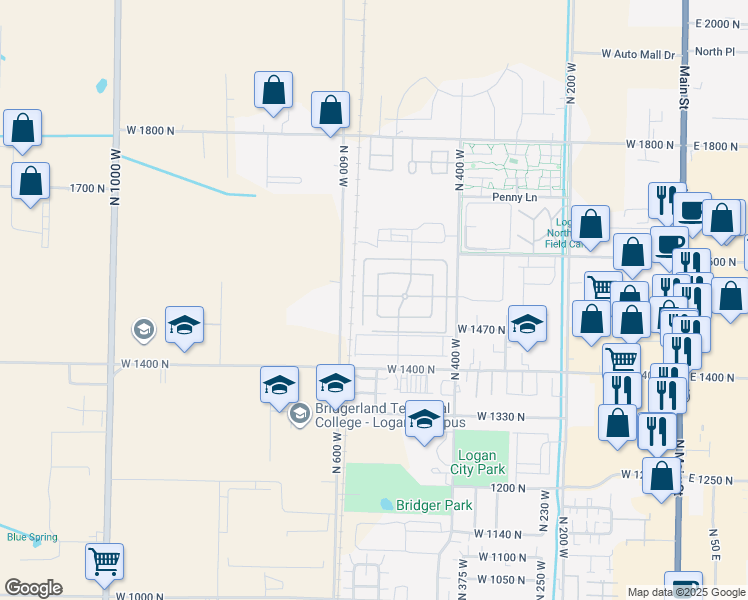map of restaurants, bars, coffee shops, grocery stores, and more near 1492 North 565 West in Logan