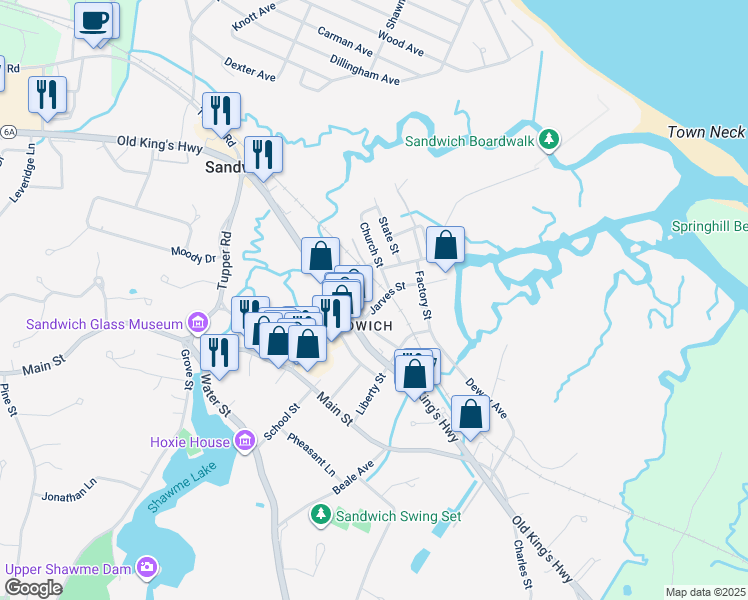 map of restaurants, bars, coffee shops, grocery stores, and more near 43 Jarves Street in Sandwich