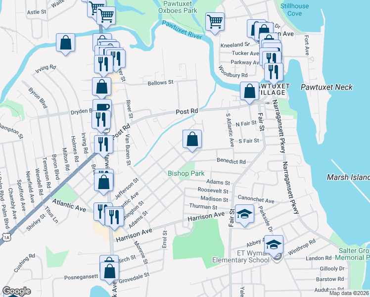 map of restaurants, bars, coffee shops, grocery stores, and more near 26 Jefferson Street in Warwick