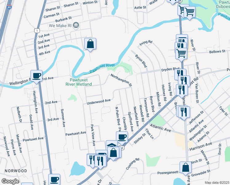 map of restaurants, bars, coffee shops, grocery stores, and more near 77 Underwood Avenue in Warwick