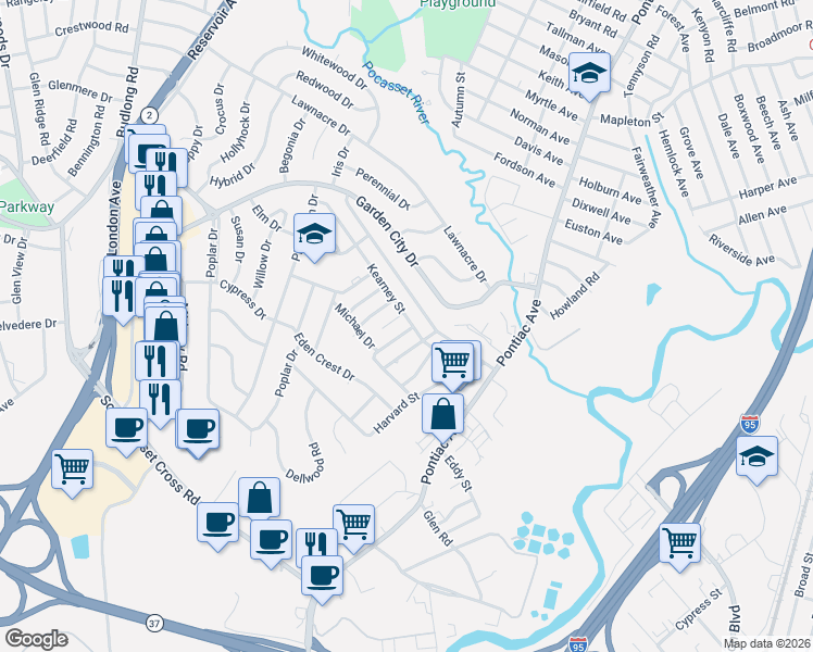 map of restaurants, bars, coffee shops, grocery stores, and more near 106 Kearney Street in Cranston
