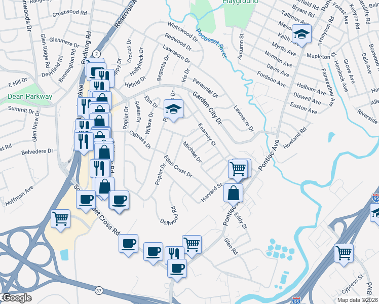 map of restaurants, bars, coffee shops, grocery stores, and more near 40 Ruskin Street in Cranston