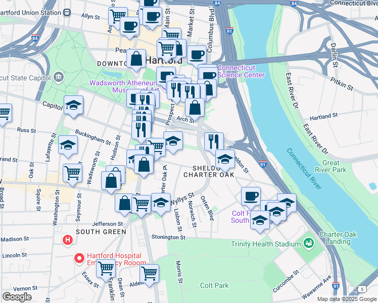 map of restaurants, bars, coffee shops, grocery stores, and more near 80 Charter Oak Avenue in Hartford