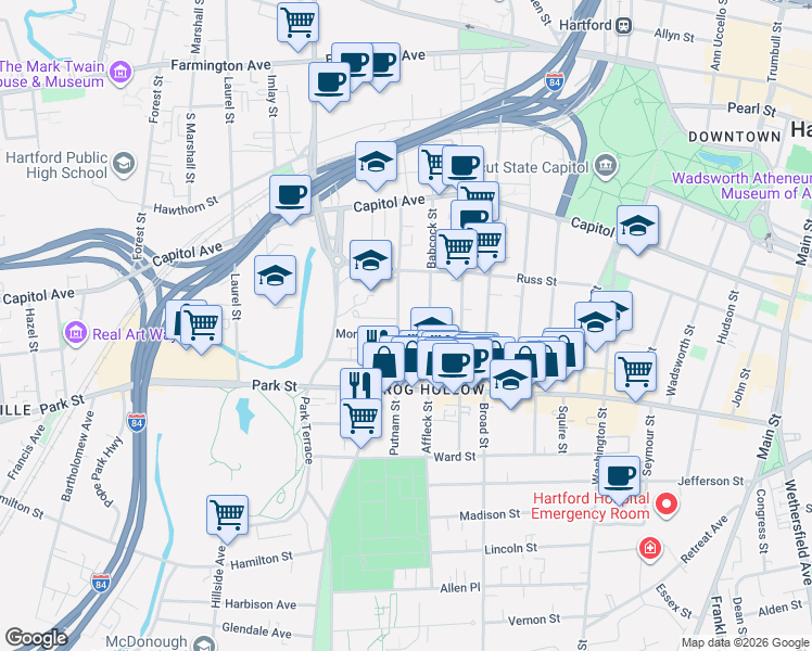 map of restaurants, bars, coffee shops, grocery stores, and more near in Hartford