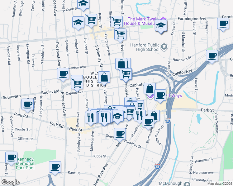 map of restaurants, bars, coffee shops, grocery stores, and more near 81 Newton Street in Hartford