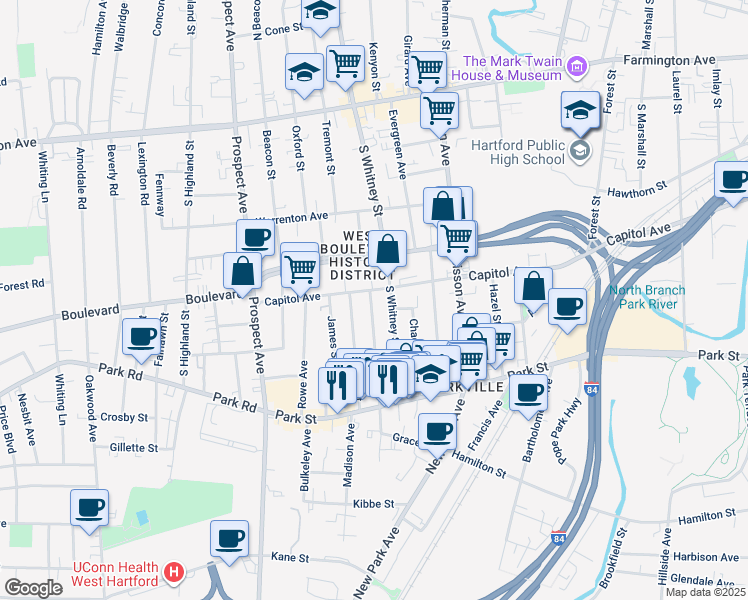 map of restaurants, bars, coffee shops, grocery stores, and more near 75 South Whitney Street in Hartford