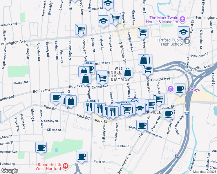 map of restaurants, bars, coffee shops, grocery stores, and more near 1065 Capitol Avenue in Hartford
