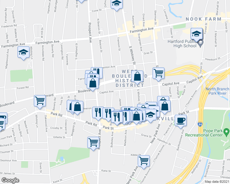 map of restaurants, bars, coffee shops, grocery stores, and more near 1063 Capitol Avenue in Hartford