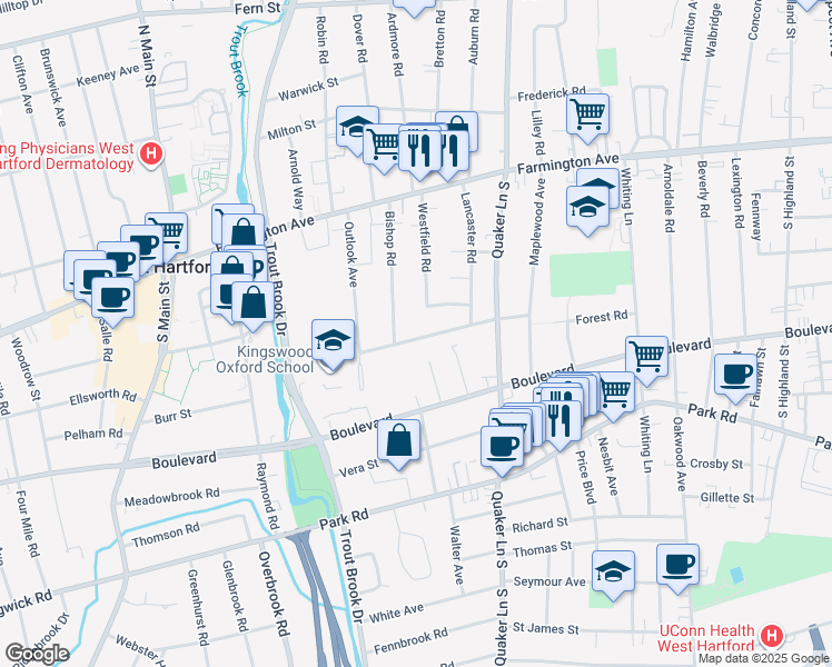 map of restaurants, bars, coffee shops, grocery stores, and more near 58 Kingswood Road in West Hartford