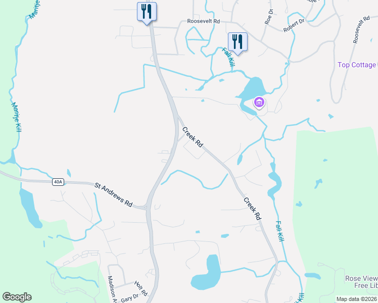 map of restaurants, bars, coffee shops, grocery stores, and more near 569 Creek Road in Poughkeepsie