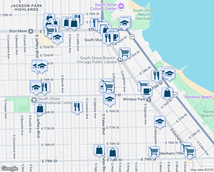 map of restaurants, bars, coffee shops, grocery stores, and more near 7432 South Phillips Avenue in Chicago