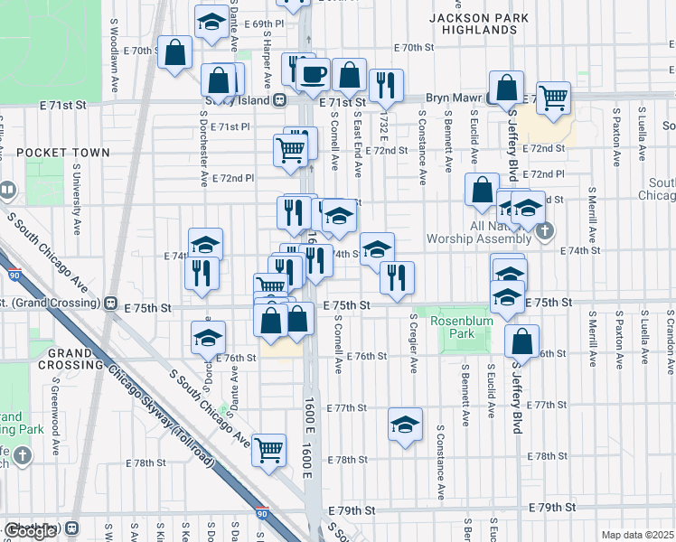 map of restaurants, bars, coffee shops, grocery stores, and more near 1616 East 74th Place in Chicago