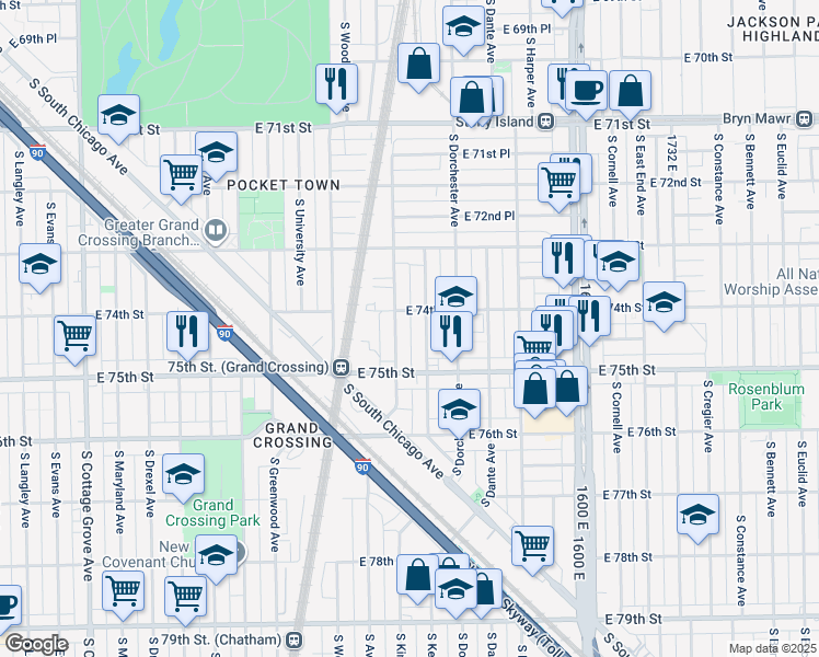 map of restaurants, bars, coffee shops, grocery stores, and more near 7418 South Kenwood Avenue in Chicago