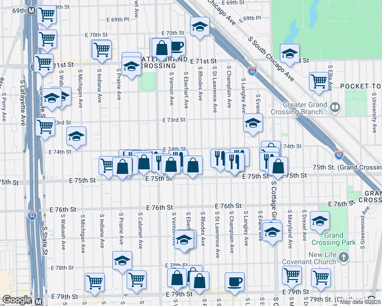 map of restaurants, bars, coffee shops, grocery stores, and more near 7406 South Rhodes Avenue in Chicago