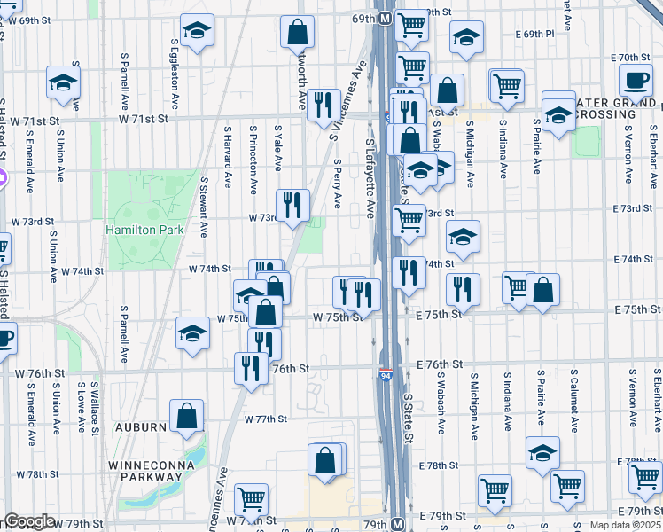 map of restaurants, bars, coffee shops, grocery stores, and more near 131 West 74th Street in Chicago