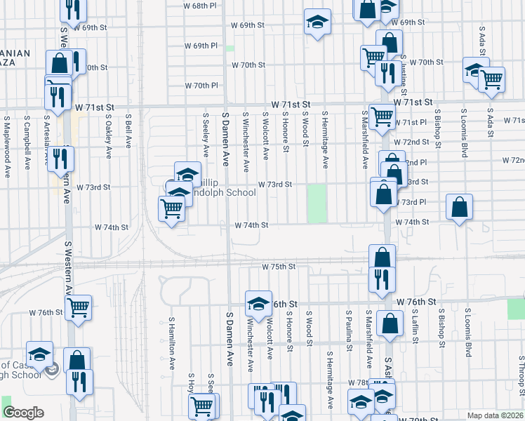 map of restaurants, bars, coffee shops, grocery stores, and more near 7339 South Winchester Avenue in Chicago