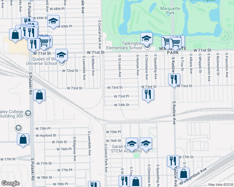 map of restaurants, bars, coffee shops, grocery stores, and more near 3522 West 73rd Place in Chicago