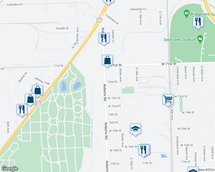 map of restaurants, bars, coffee shops, grocery stores, and more near 7206 Stickney Avenue in Bridgeview