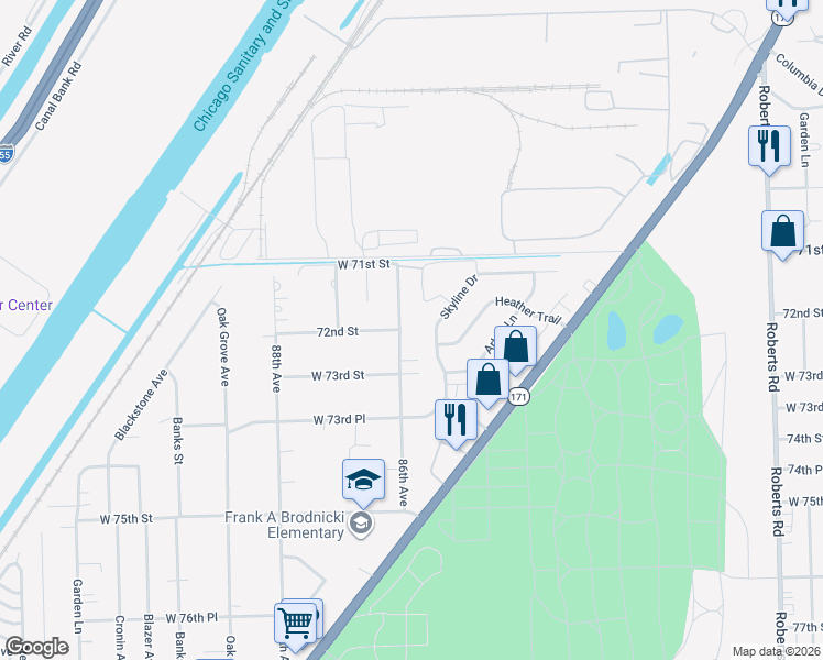 map of restaurants, bars, coffee shops, grocery stores, and more near 7203 86th Avenue in Justice
