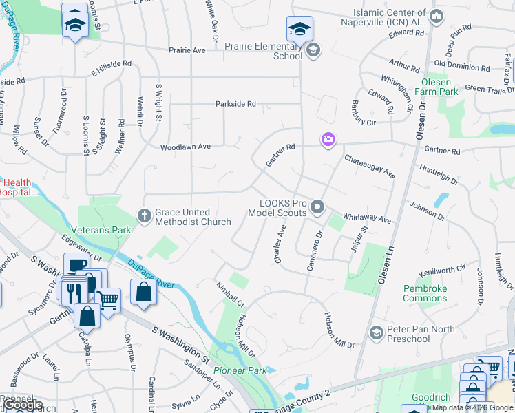 map of restaurants, bars, coffee shops, grocery stores, and more near 705 Cavalcade Circle in Naperville