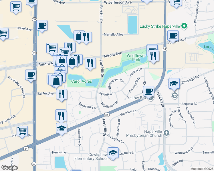 map of restaurants, bars, coffee shops, grocery stores, and more near 671 Wintergreen Circle in Naperville