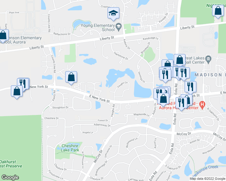 map of restaurants, bars, coffee shops, grocery stores, and more near 2525 Jamestown Lane in Aurora