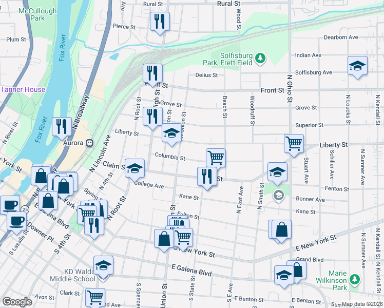 map of restaurants, bars, coffee shops, grocery stores, and more near 730 Columbia Street in Aurora