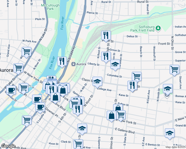 map of restaurants, bars, coffee shops, grocery stores, and more near 223 North 4th Street in Aurora