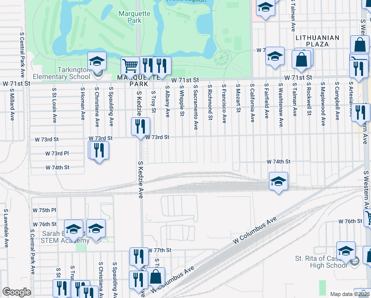 map of restaurants, bars, coffee shops, grocery stores, and more near 7327 South Whipple Street in Chicago