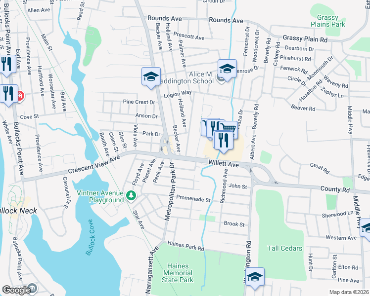 map of restaurants, bars, coffee shops, grocery stores, and more near 107 Hilton Avenue in East Providence