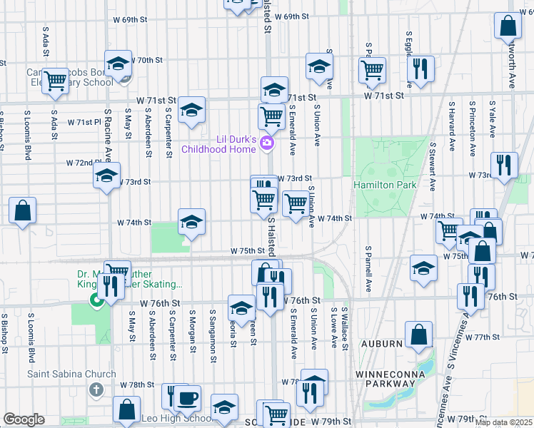 map of restaurants, bars, coffee shops, grocery stores, and more near 7352 South Halsted Street in Chicago