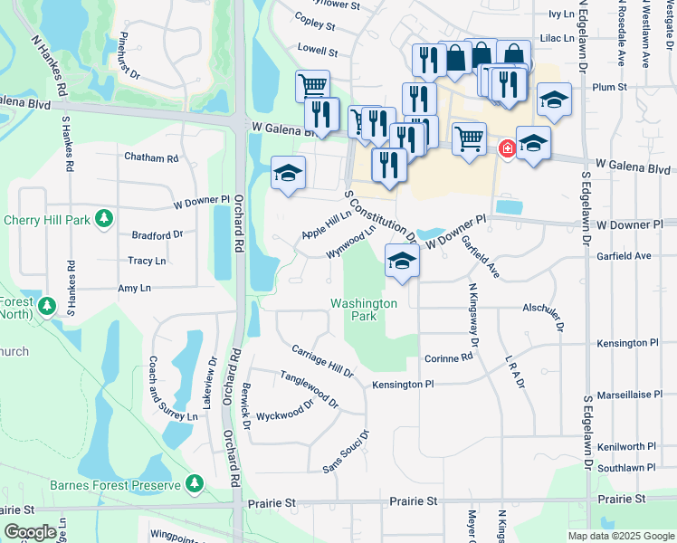 map of restaurants, bars, coffee shops, grocery stores, and more near 120 Stone Fence Court in Aurora