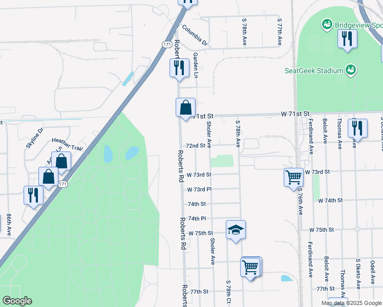 map of restaurants, bars, coffee shops, grocery stores, and more near 7206 Stickney Avenue in Bridgeview