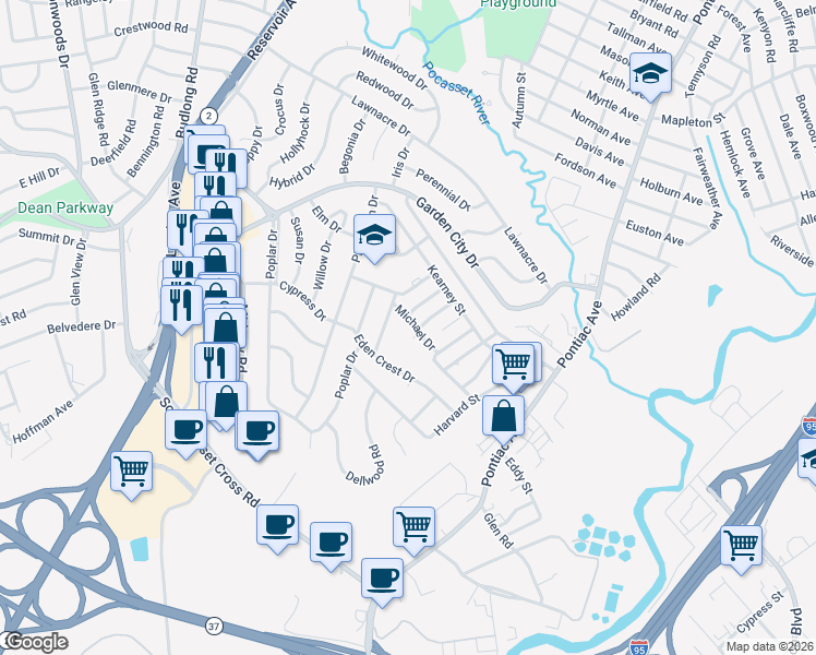 map of restaurants, bars, coffee shops, grocery stores, and more near 40 Ruskin Street in Cranston