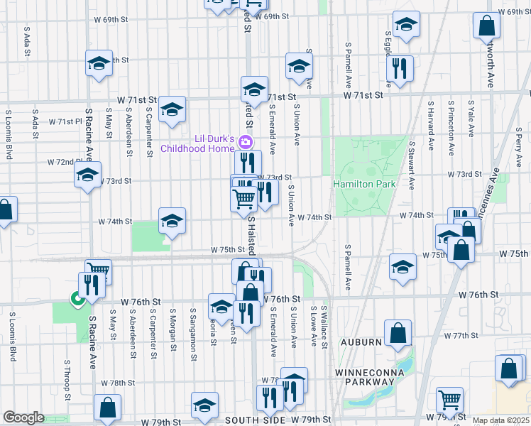 map of restaurants, bars, coffee shops, grocery stores, and more near 7354 South Emerald Avenue in Chicago