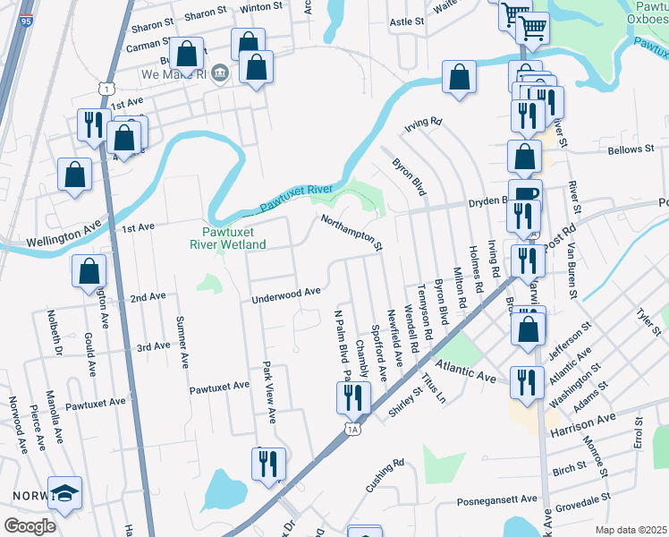 map of restaurants, bars, coffee shops, grocery stores, and more near 77 Underwood Avenue in Warwick