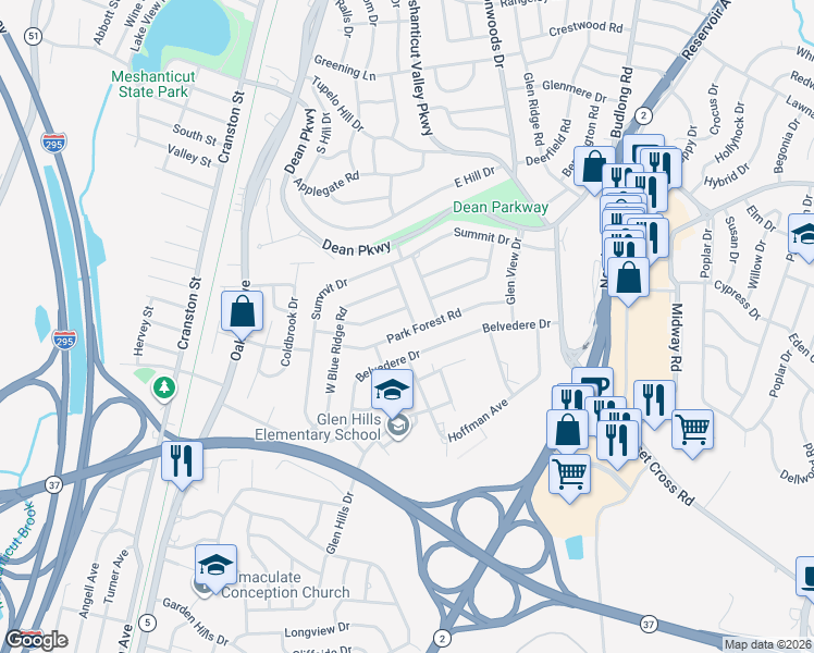 map of restaurants, bars, coffee shops, grocery stores, and more near 93 Park Forest Road in Cranston