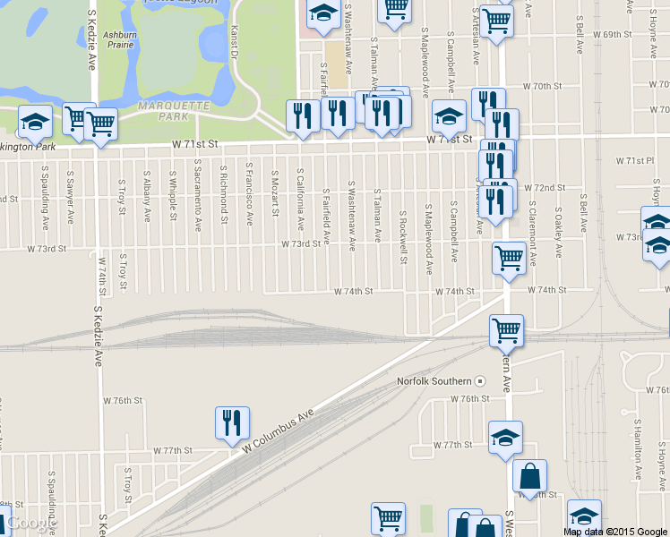 map of restaurants, bars, coffee shops, grocery stores, and more near 7329 South Fairfield Avenue in Chicago