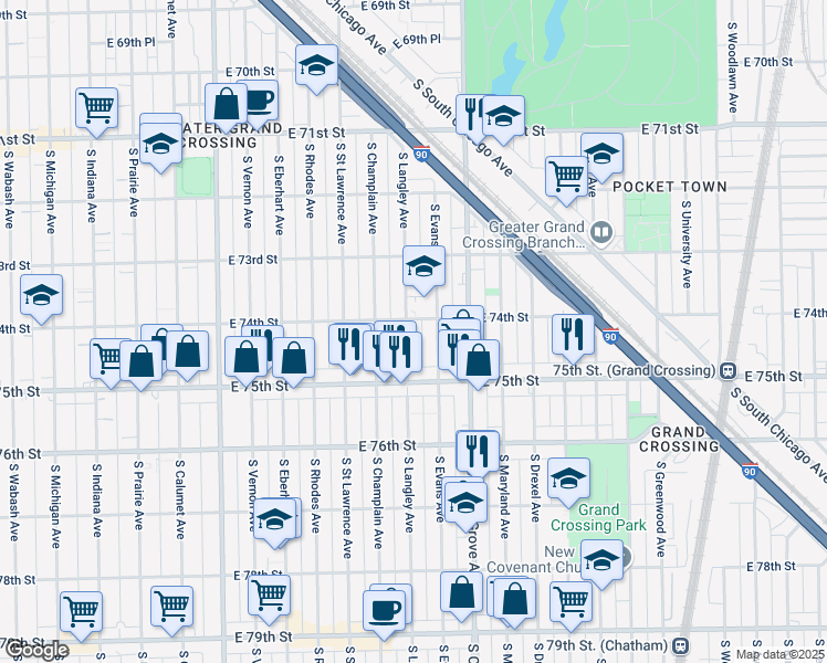 map of restaurants, bars, coffee shops, grocery stores, and more near 7409 South Langley Avenue in Chicago